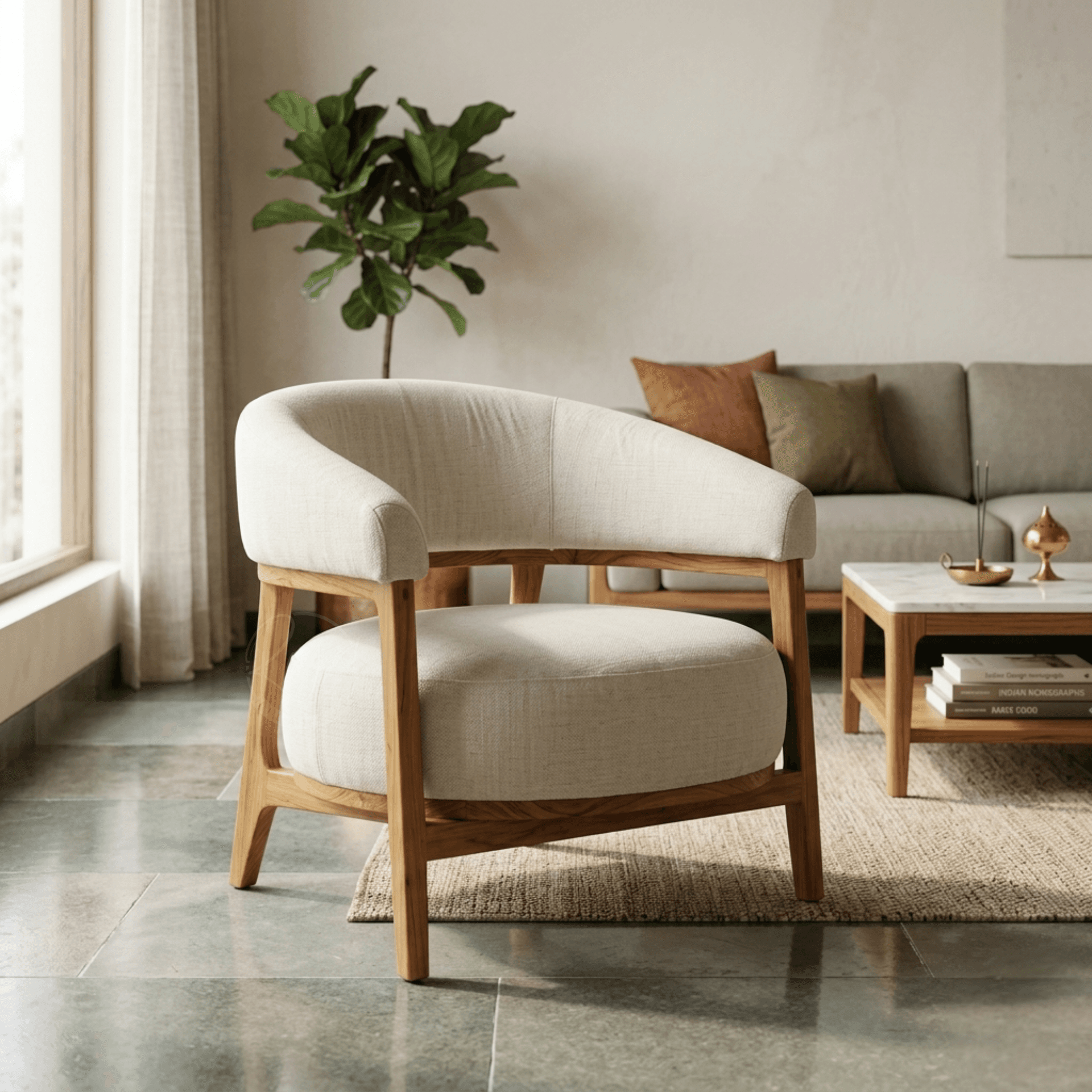 Modern Royal Ishvra wooden arm chair made of solid Nilambur teak wood placed in an elegant, sunlit living room setting