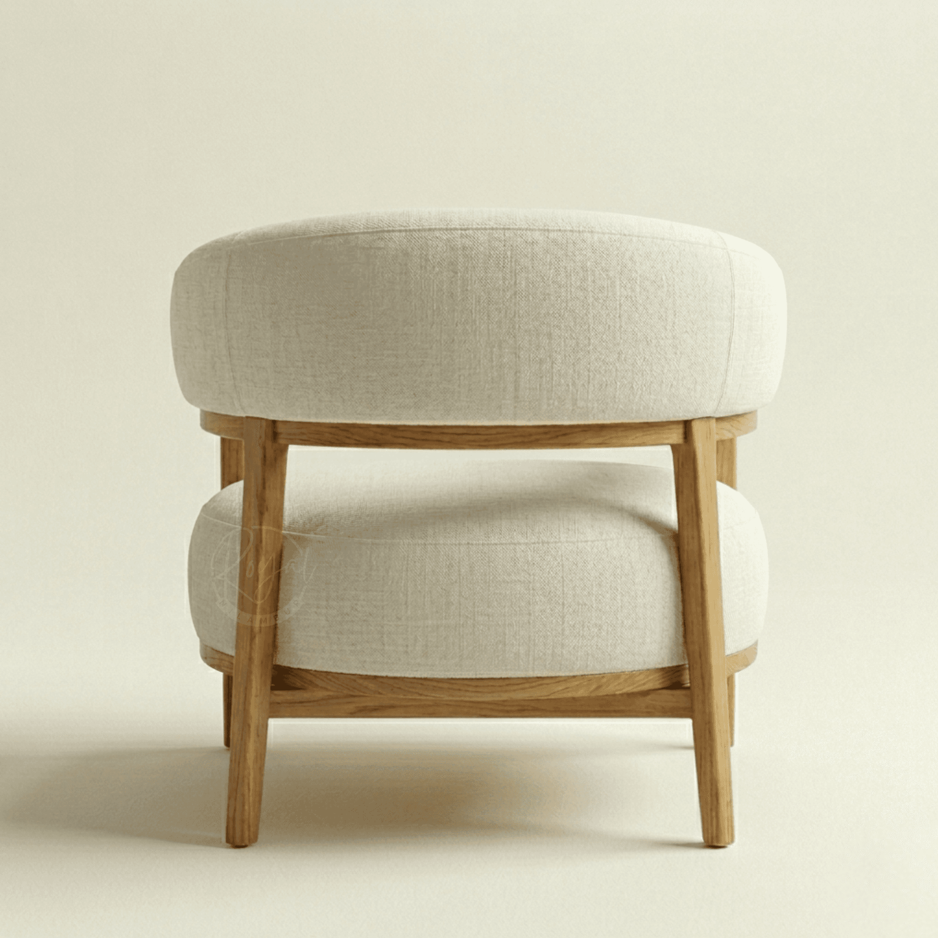 Royal Ishvra modern wooden arm chair handcrafted from natural Nilambur teak wood featuring curved white upholstery