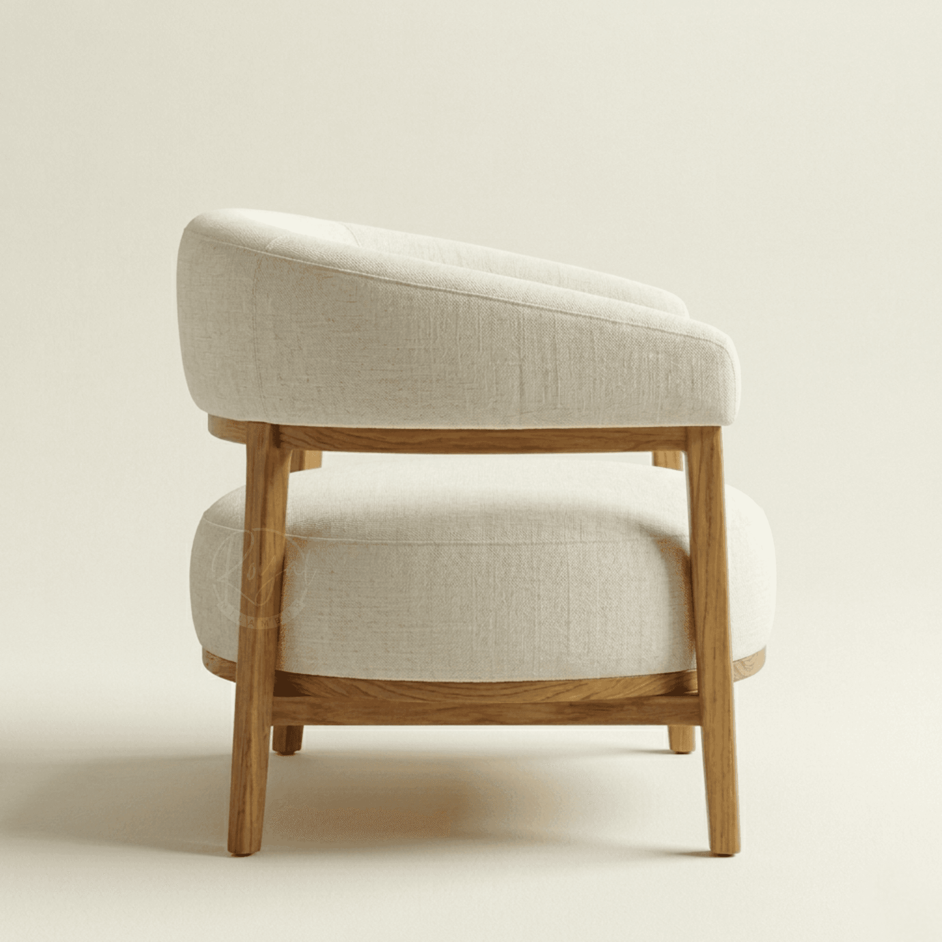 Close-up detail of authentic Nilambur teak wood grain and plush tailored upholstery on the Royal Ishvra luxury wooden arm chair