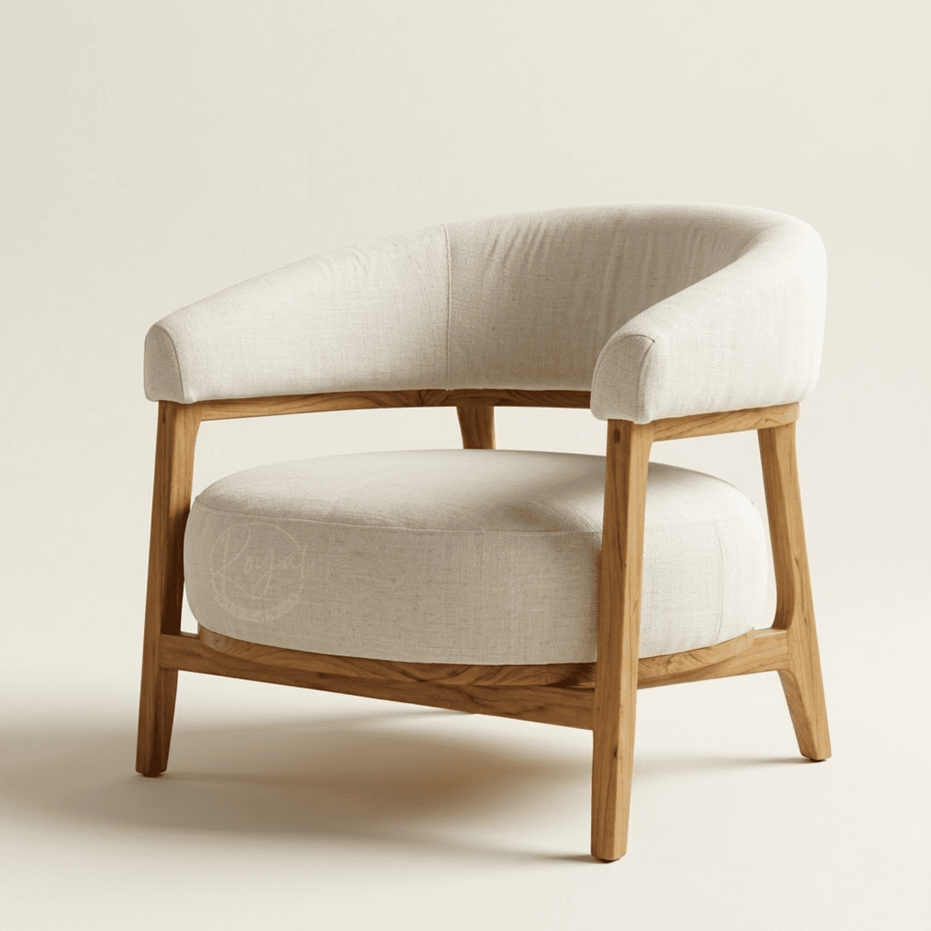 Modern Royal Ishvra wooden arm chair made of solid Nilambur teak wood placed in an elegant, sunlit living room setting